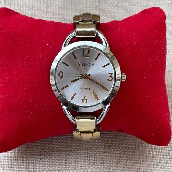 Studio Time Women Wristwatch Quartz Analog Watch Gold/Silver Tone Cuff Band - Picture 4 of 9
